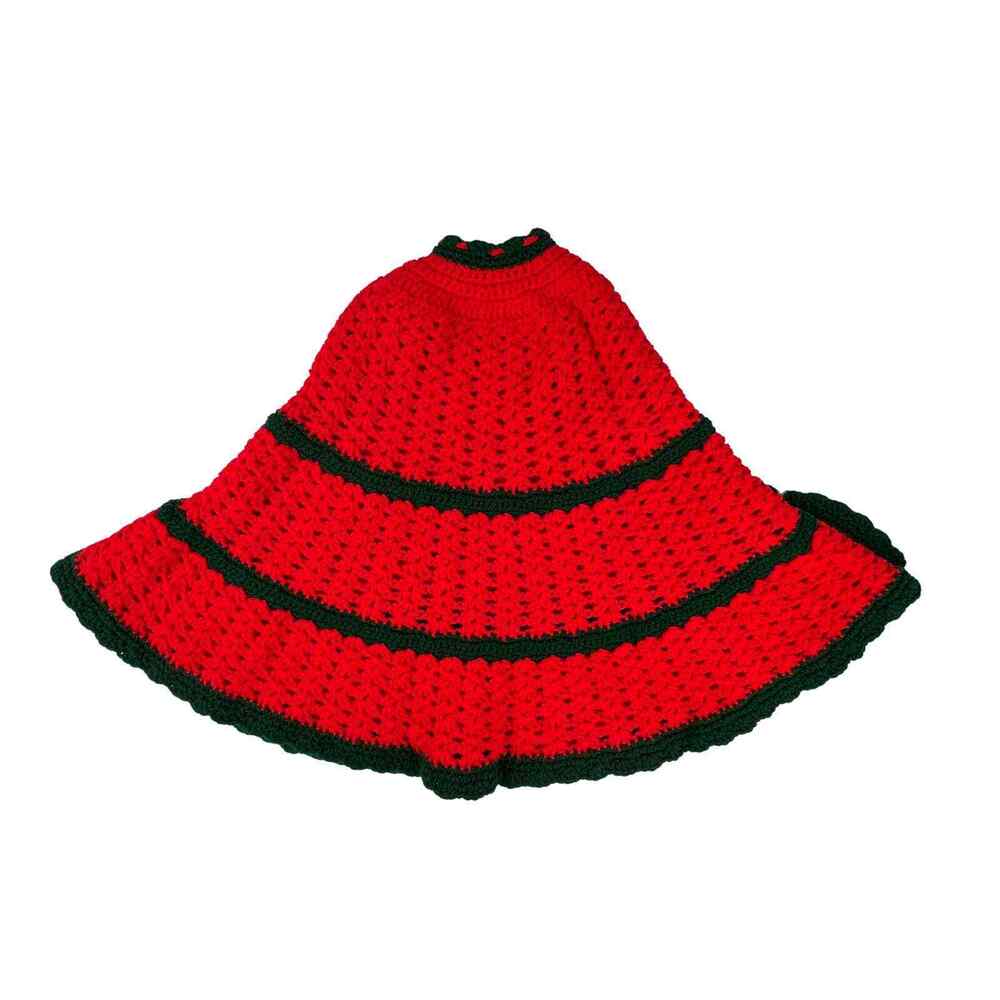 Crochet Christmas Tree Skirt Large Red Green Holiday Decor Scalloped Edge 49x46